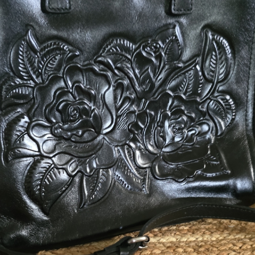 Patricia Nash Black Floral Embossed Leather Tote Shoulder Bag - Picture 3 of 12